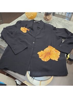 PETER NYGARD WOMEN'S BLACK SILK FLOWER BUTTON UP SHIRT LARGE